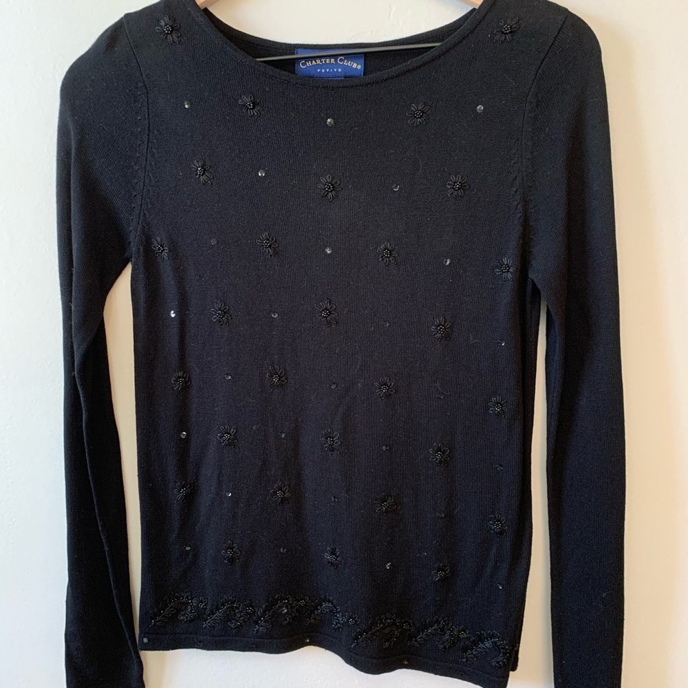 Charter Club Black Sweater w/ Sequins/Bead/Embroidered Flowers